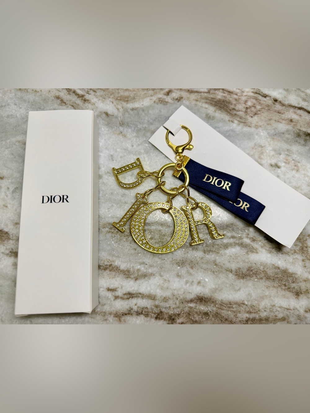 NEW D I O R Keychain/Bag Charm Gold Tone w Inset Crystals & Navy Branded Tag NIB